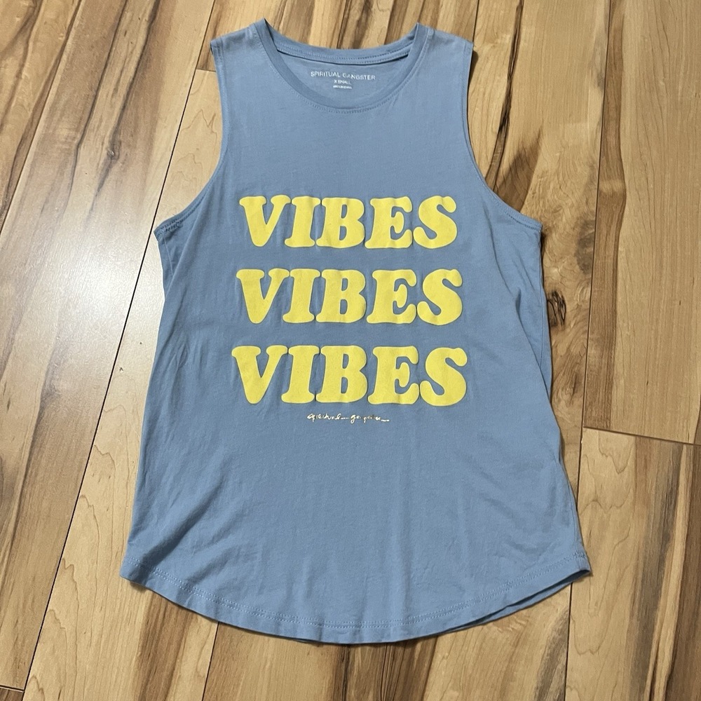 Spiritual Gangster Sz XS Muscle Tank Top Blue "Vibes Vibes Vibes" Graphic Tank